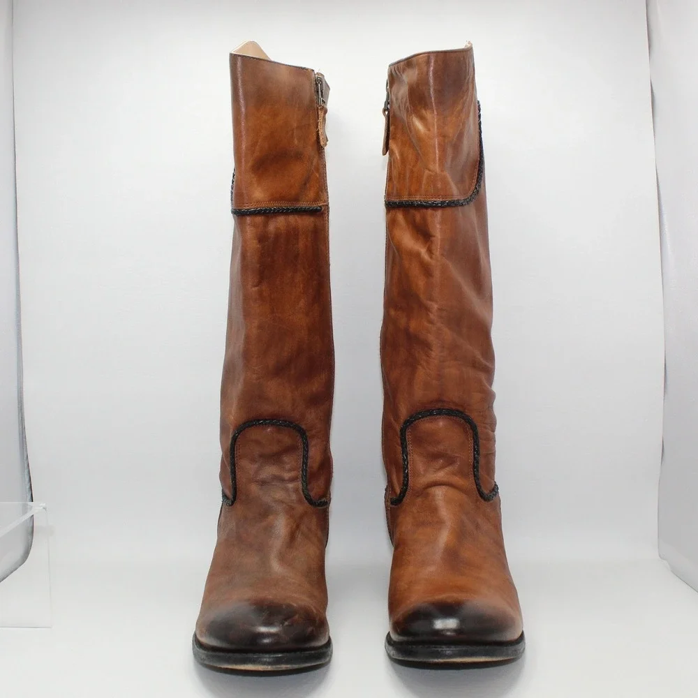 Sonora Tan Distressed Leather Tall Riding Boots Braided Trim Women 11 B SN 5228